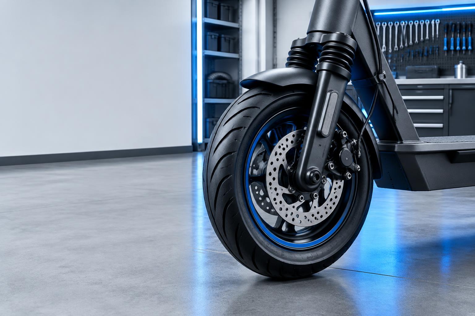 Roue et frein d'une trottinette électrique dans un atelier technique